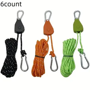 Adjustable Metal Pulley Windproof Rope, 6 Counts Ratchet Pulley Hangers with Wind Rope Buckle and Awning Rope Hook, Camping Tent Tie Down Rope