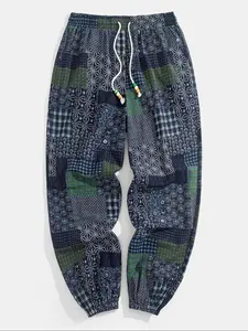 Men's Ethnic Pattern Patchwork Drawstring Jogger Pants Boho Casual Loose Elastic Waist Trousers with Pockets for Spring & Fall Daily Wear Casual Sports Fashion Men's Bottoms