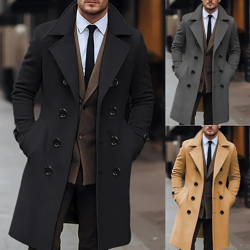 Men's Wool Blend Double-Breasted Winter Pea Coat - Long Sleeve, Notch Lapel, Button Front Menswear Jacket & Tops