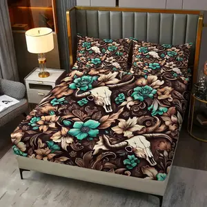 Bohemian-Style Fitted Sheet Set, Cherry Leopard and Turquoise Blue Floral Bull Skull Print Bedding Set,Durable Soft Microfiber Bedding, Creating A Retro and Romantic Bedroom Atmosphere. 3Pcs Includes Two Pillowcases (Pillows Not Included)