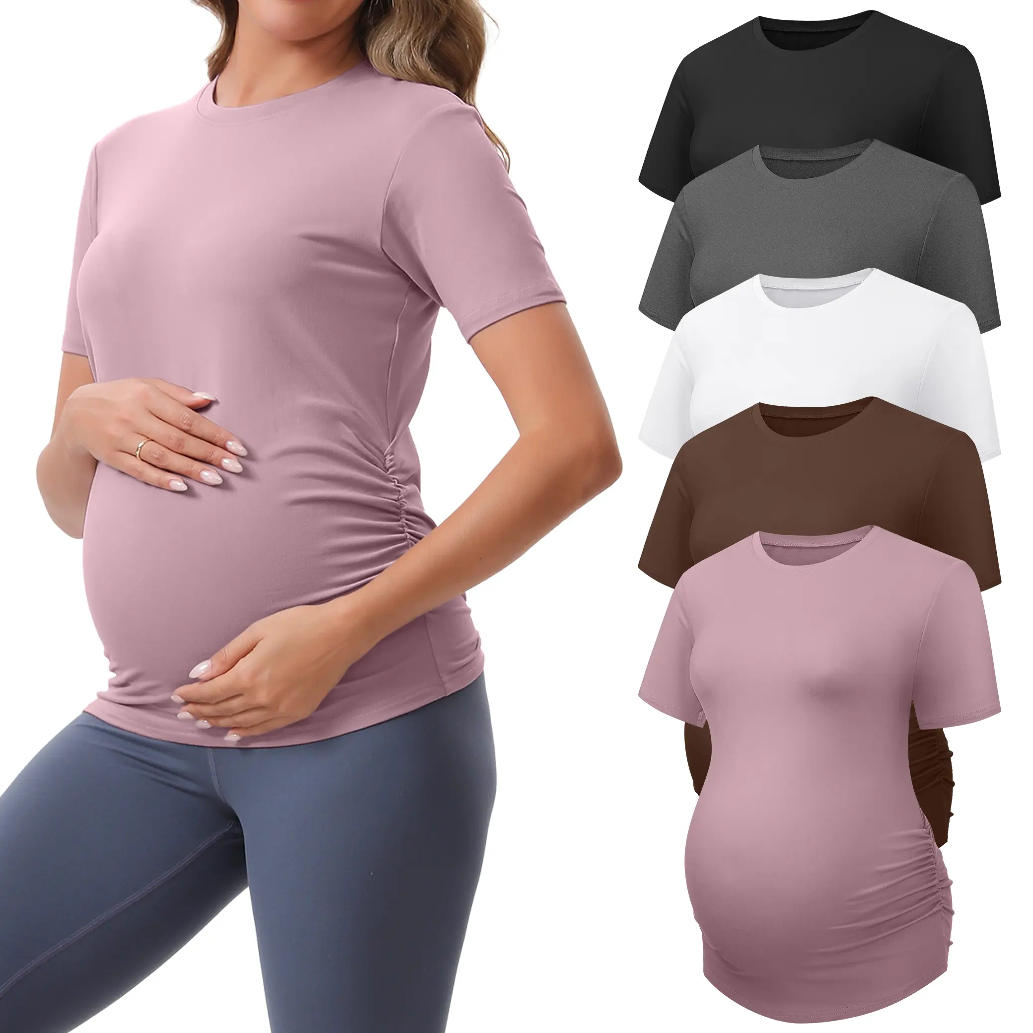Women's 4-Pack Maternity Knitting Tops - Short Sleeve, Crew Neck, Side Ruching, Wrap Design Maternity Clothing for Pregnancy, Watch Party, Ruched