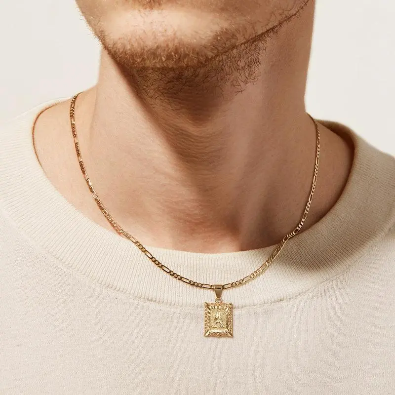 Women's 14 Karat Gold Plated Letters Necklace - Square Pendant, Figaro Chain, Personalized Pendants, Stylish Accessories, Gold Jewelry Gift, Goldplated Letters Pendant