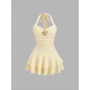 Elegant women’s mini dress for summer beach vacations, textured fabric, spaghetti straps, metallic decorative ruffles GARMENTARY