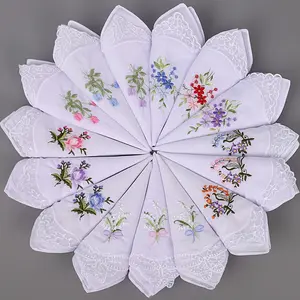 Packs of 10, 20, or 30: Women's Floral Handkerchiefs with Vintage Embroidery and Lace Pure white with an embroidered floral pattern
