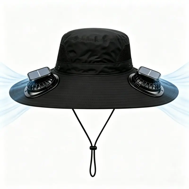 Unisex Solar Fan Hat with Dual Cooling Fans, USB Rechargeable 3 Speeds Sun Hat - UPF 50+ Summer Wide Brim Waterproof Fishing Safari Cap, Cooling Bucket Hat with UV Protection & Breathable Mesh for Outdoor Gardening, Construction, Mowing, Golf & Hiking