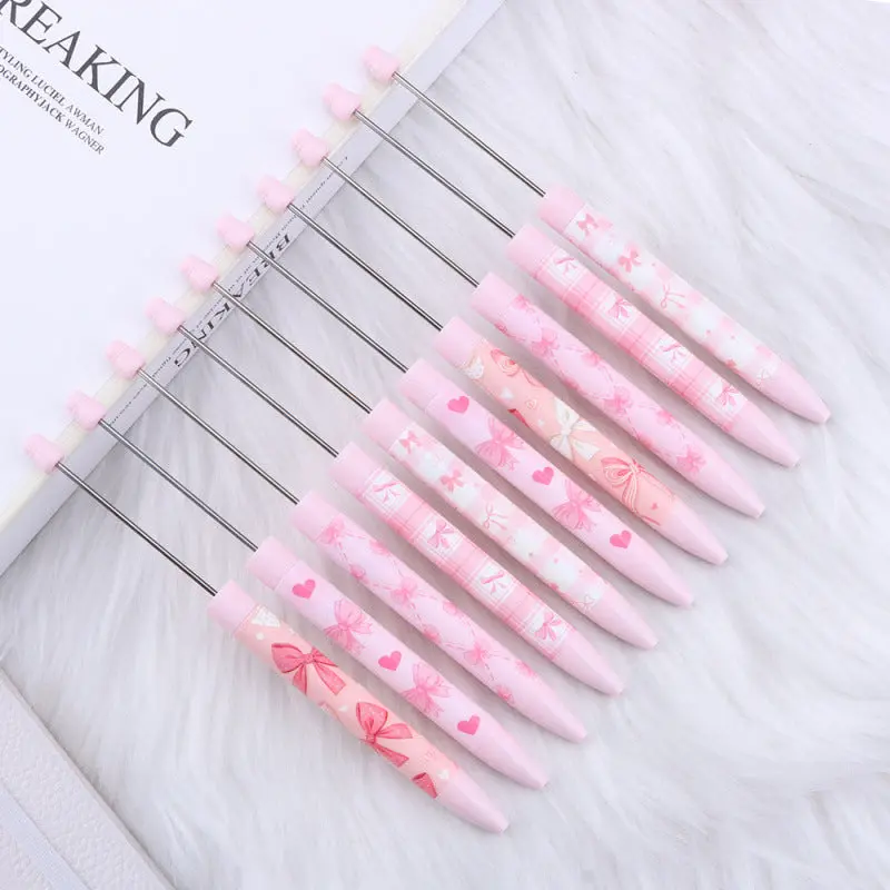 DIY bow pink long printed pattern ballball pen creative cute ballpoint pen plastic beaded ballpoint pen