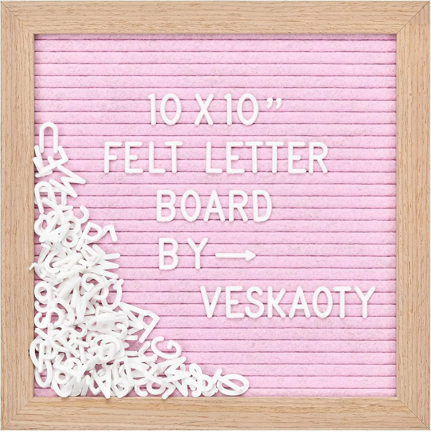 Felt Letter Board with Wooden Frame Wall Mount Hook, 294 Letters, Numbers & Symbols - 10 x 10 inch Changeable Message, Pink & Wood