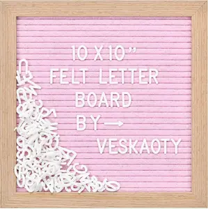 Felt Letter Board with Wooden Frame Wall Mount Hook, 294 Letters, Numbers & Symbols - 10 x 10 inch Changeable Message, Pink & Wood