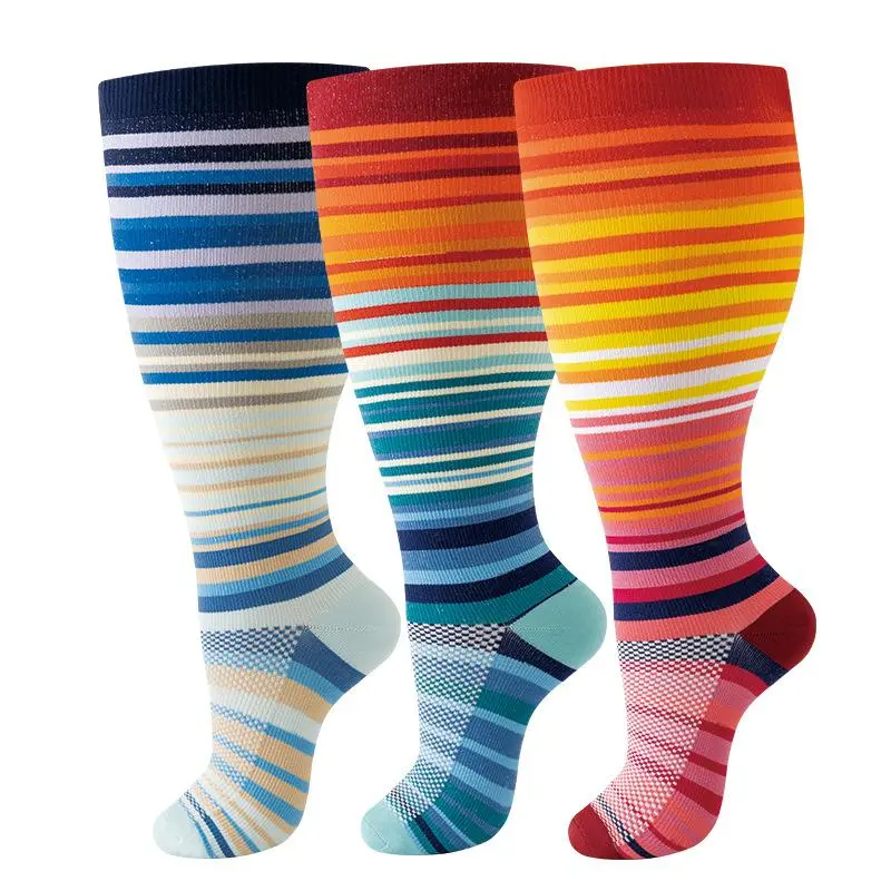 Women's Plus Size 20 30mmHg Compression Knee High Socks (3 Pairs) Steampunk Fantasy Cartoon Character Stripe Print, Soft Polyamide All Season Socks, Compression Garment, Calf High, Color Matching, Leg Care, Athletic Support
