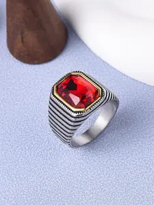 Men's Luxury Gemstone Ring, 18K Gold Plated Stainless Steel, Red Corundum Square Diamond with Strong Design Sense