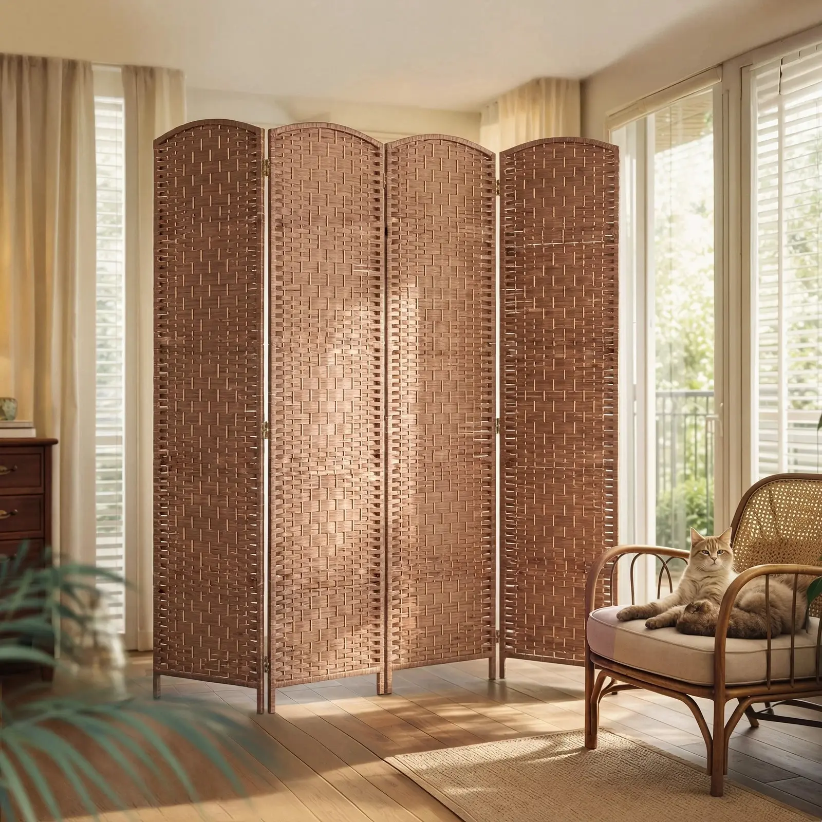 4 Weave Panel Room Divider Privacy Folding Screen Diamond Decor Natural Privacy Room Divider