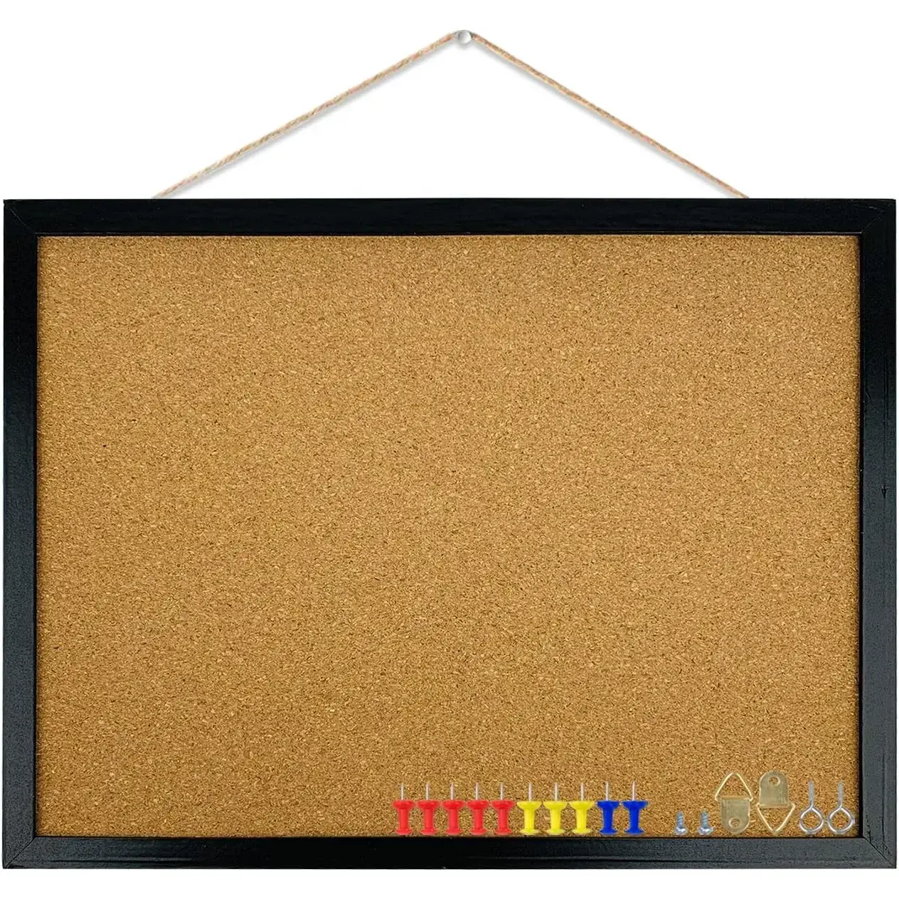 GDMINLO Sturdy Black Cork Bulletin Board with Classic Wooden Oak Finish Frame, 17.7x13.3in Home Supplies & Decoration Set, for DIY Scrapbooking & Stamping, Includes Pins, Eye Bolts, Gaskets, Screws, Scratch-Resistant