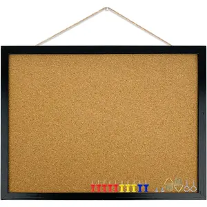 GDMINLO Black Cork Bulletin Board, 17.7 X 13.3 inches with Oak Wood Finish Frame, for Wall Office Home and School (Pins, Eye Bolts, gaskets, Screws)