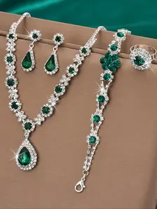 Elegant Emerald Jewelry Set, Exquisite Trendy Necklace & Earrings & Bracelet & Ring, Fashionable Jewelry Set for Party Decoration, Matching Jewelry Set