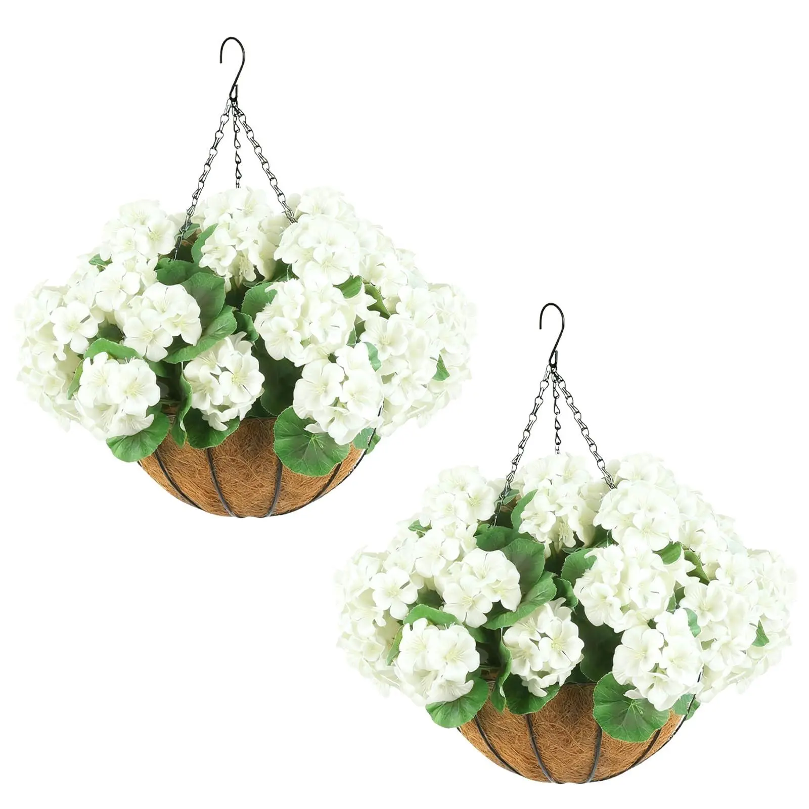 2 Set Artificial Outdoor Geraniums Flowers with White Basket, 2 Hanging Planters with 12 Pcs Red Geranium Flowers for Christmas Front Porch Garden Patio Home Decor (2, White)