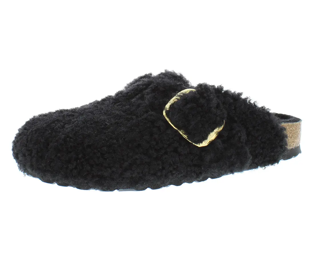 Birkenstock Boston Big Buckle Teddy Rivet Logo OS Shearling Fur Narrow Footwear, Unisex Women's Sandals & Flip Flops Shoes, Casual, Black/Gold