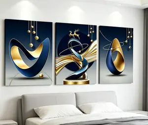 3 Piece Modern Abstract Canvas Wall Art, Blue & Gold Geometric Prints, Framed Contemporary Artwork, Waterproof HD Posters for Living Room Corridor