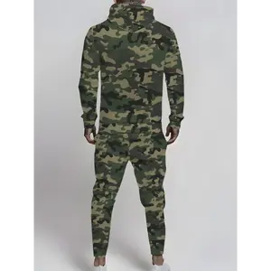 1set Men'S Plus Size Camouflage Hoodie and Jogger Set, Casual Polyester Knit Athletic Wear with Pockets, Slightly Stretchy, Autumn/Winter Hooded Top and Bottom Set with Spandex