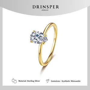 DRINSPER S925 Pear-Cut Solitaire 1.0ct Synthetic Moissanite Sterling Silver Ring for Women Girls Minimalist Elegant Style Suitable for Daily Wearing Engagement Wedding Gift for Girlfriend Mom