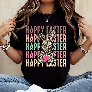 Festive Easter Bunny Leopard Print Text T Shirt Black Crew Neck Casual Tee For Celebrations