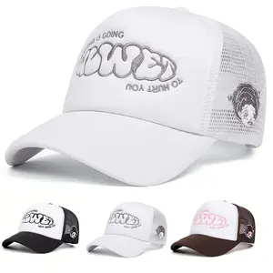 Y2K Bubble Graffiti Embroidery Mesh Trucker Hat, WHAT IS GOING TO HURT YOU Letter Baseball Cap Unisex Summer Streetwear Hat