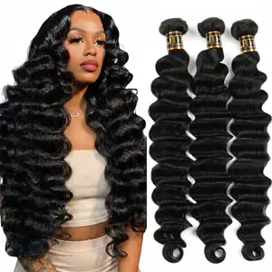 QTHAIR Loose Deep Wave Bundles Wand Curls Brazilian Human Hair Natural Color 4×4 HD Lace Closure Quickweave Traditional Sew in Hair Extensions 100% Unprocessed Virgin Human Hair for Black Women 14-30inch