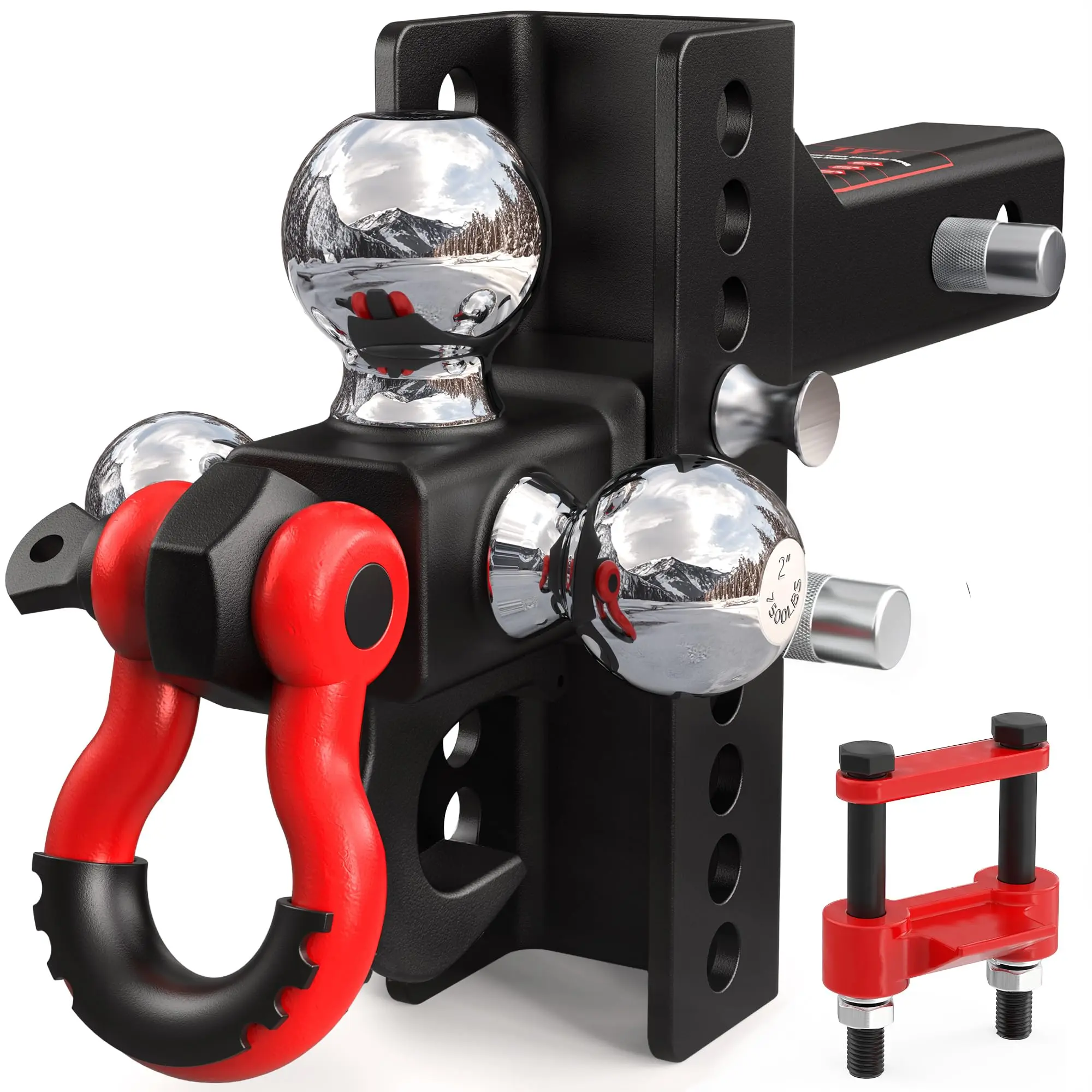 TYT Adjustable Heavy-Duty Trailer Hitch Tri-Ball Mount with Anti-Theft Locking Pins & Rotatable Tow Shackle, No-Rattle Secure Towing System, Fits 2-Inch Receiver, 4-1/2" Rise/Drop, 1-7/8" 2" 2-5/16" Ball, 10000LBS GTW, Truck RV ATV Compatible Tow Hitch