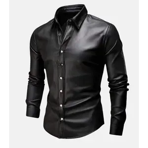 Men's Classic Black Leather Shirt with Button Closure
