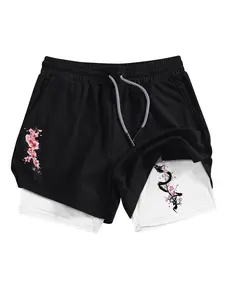 Men's Dragon & Cherry Blossom Print 2-in-1 Gym Shorts with Phone Pocket, Regular Fit Breathable Quick Drying Performance Shorts for Gym Workout Running, Casual Sporty Shorts for Summer