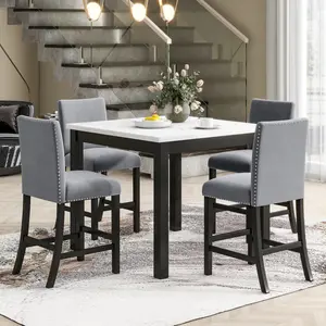 5-piece Counter Height Dining Table Set with One Faux Marble Top Dining Table and Four Velvet-Upholstered Chairs,Grey,Dining Room Sets