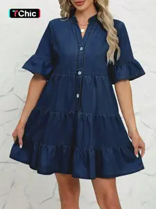 Women's Casual Loose Fit Dress with Ruffle Sleeve Design, Button Closure, Perfect for Daily Wear, Elegant Comfort, Summer, Casual Dresses