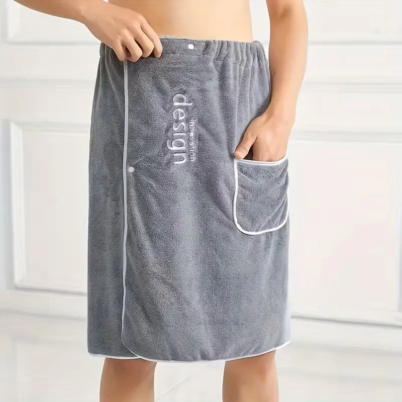 1pc Men's Coral Fleece Wearable Bath Towel& Spa Wrap - Soft Absorbent Shower SkirtSuitable for Sauna, Bathing, Swimming, Post-Shower Warmth, Pocketed for Bathroom Wash Towel Premium Bath Towels Reusable Polyester Towel