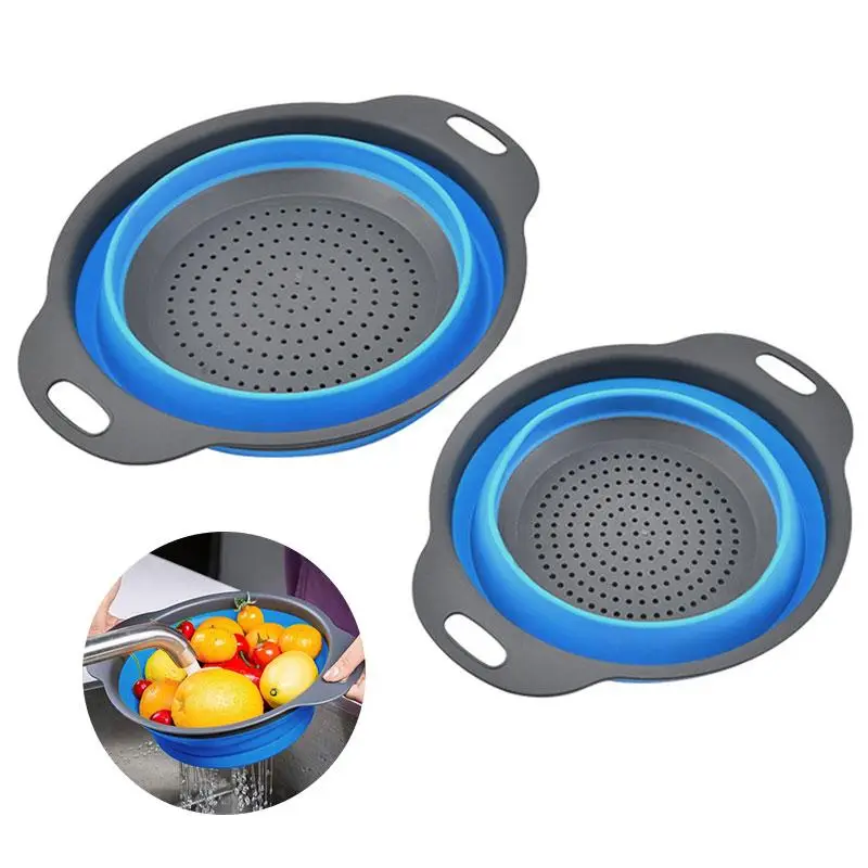 Silicone Foldable Strainer Basket, 2 Counts Round Collapsible Fruit & Vegetable Washing Basket, 2 Sizes Drainer Basket, Kitchen Gadgets, Summer for Gi
