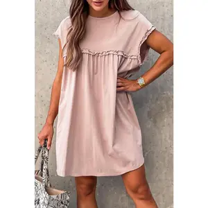 Oatmeal Frilled Trim Crewneck Loose Fit Mini Dress
