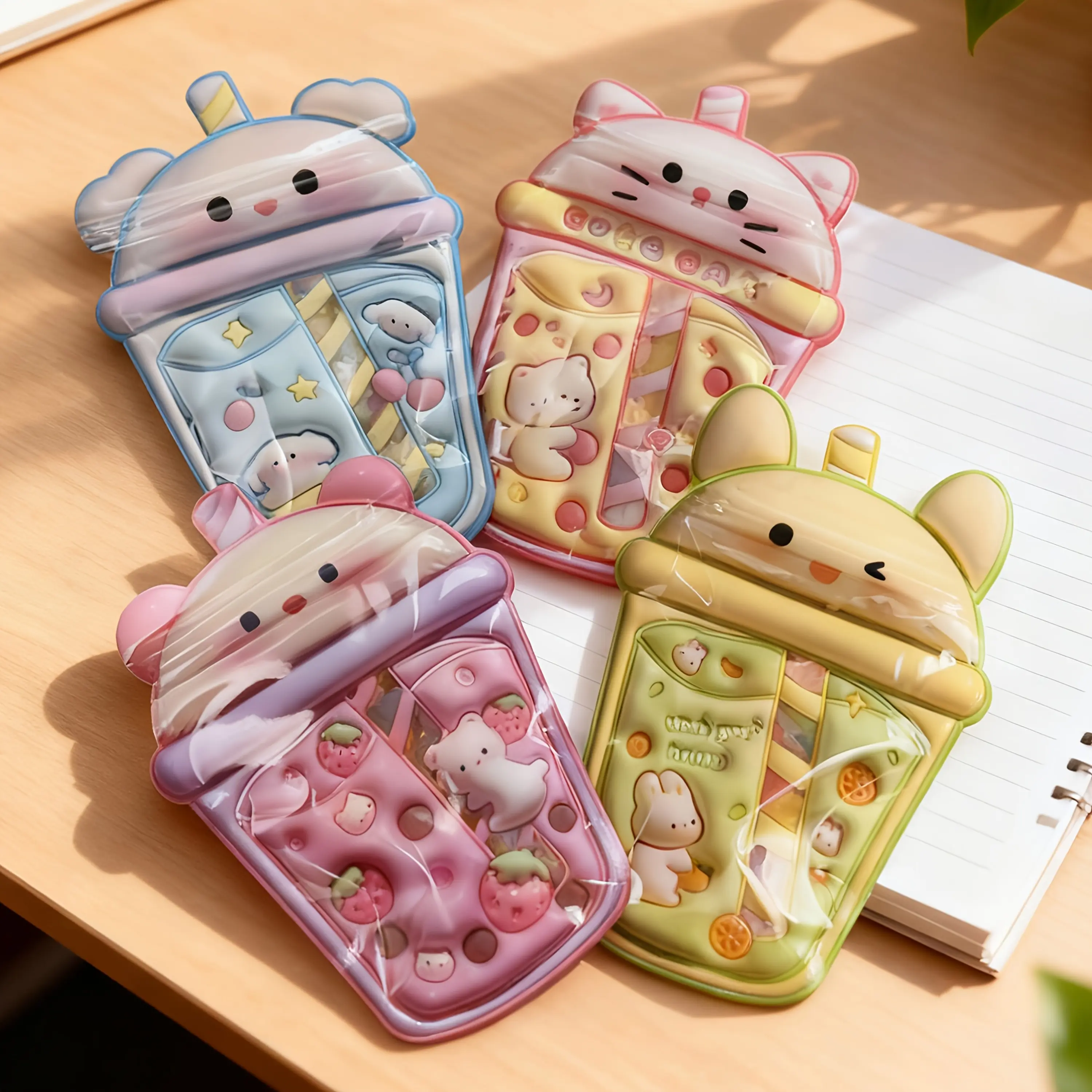 100pcs 4-Style Assorted Cute Cartoon Kawaii Self-Sealing Ziplock Storage Bags Pack, Reusable Plastic Pouches for Snacks Candy, High-Gloss Party Favors Goodie Bags for Gifts