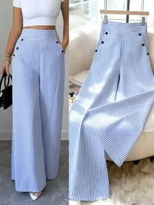 1 Piece  smart casual Pants，Women's Wide Leg Pants, High Waist Vertical Stripe Side Button Trousers with Pockets, Casual Basic Trousers, Loose Fit Flowy Casual Pants, Figure Flattering for Office Work Daily Wear Vacation Brunch Going Out