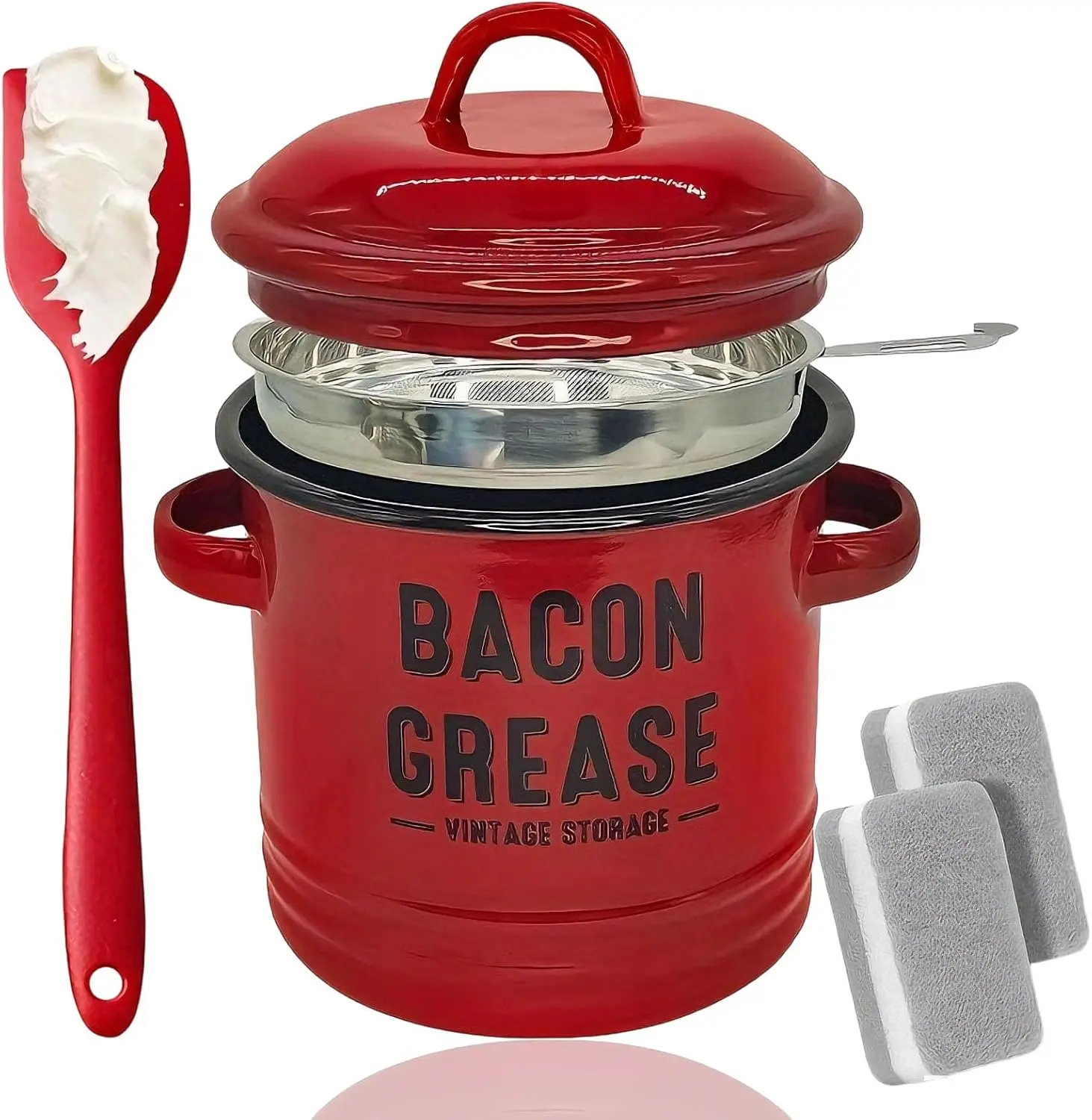New 46 OZ Bacon Grease Container With Strainer And Spatula Red Kitchen Oil Storage Can, Food Saver Bin with Lid | Farmhouse Cooking Pot Keeper Collector, Dishwasher Safe