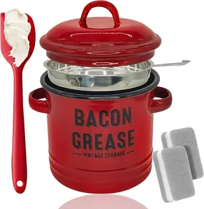 New 46 OZ Bacon Grease Container With Strainer And Spatula Red Kitchen Oil Storage Can, Food Saver Bin with Lid | Farmhouse Cooking Pot Keeper Collector, Dishwasher Safe