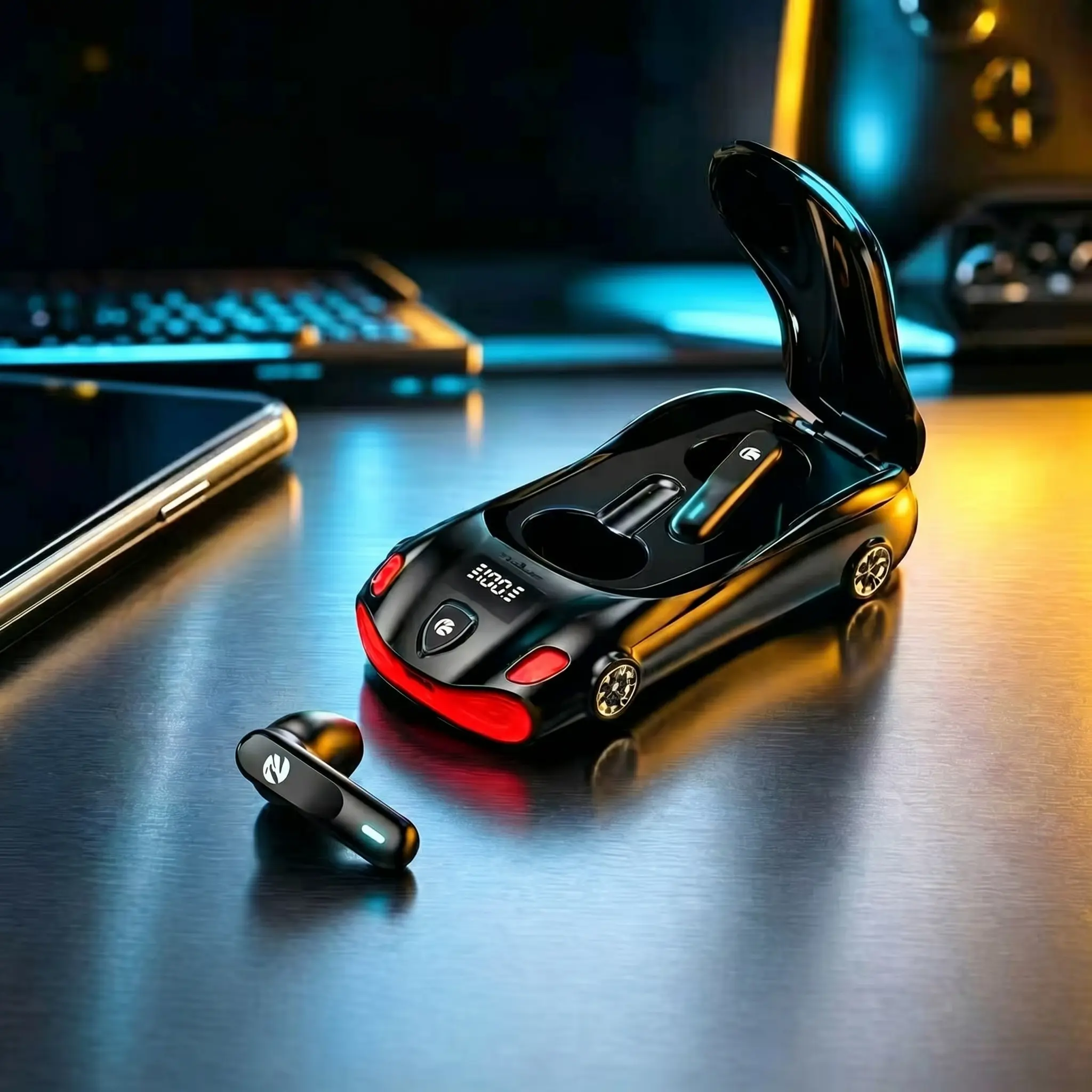 Black Wireless Earphone With Cool Sport Car Shape,LowLatency And Long Battery Life, PortableEarbudsHeadphones Audio Headset ElectronicConnection,Perfect Tech Gift