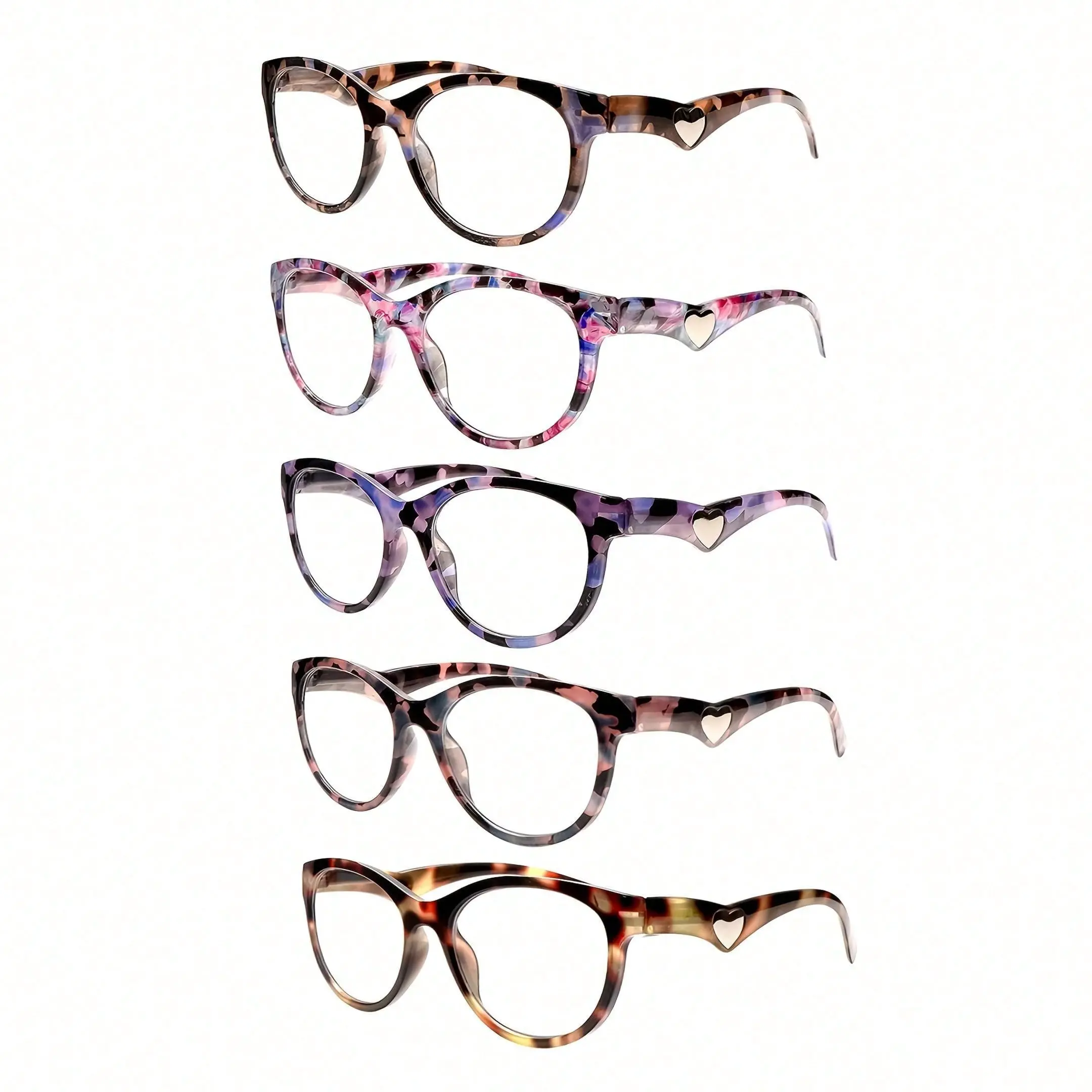 ZOECENT Women's 5-Pack Reading Glasses - Anti-Blue Light Lenses, Fashion Heart Print, Spring Hinge, Lightweight Reading Eyewear, Eyeglass Specs, Couple