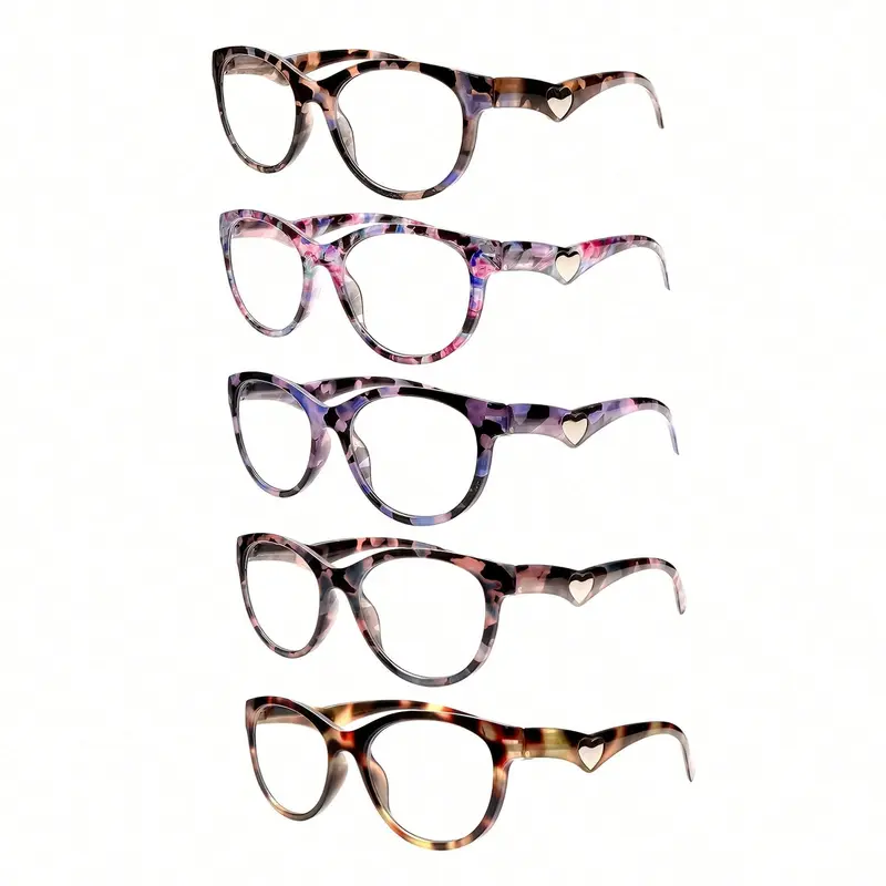 ZOECENT Women's 5-Pack Individually Packed Plastic Full Rim Reading Glasses - Blue Light Blocking Resin Lenses, Fashion Heart Pattern, Spring Hinge, Lightweight Durable, Girl-Fit, Mixed Colors, Effortless On-And-Off Wear, Blue Light Glasses for Women