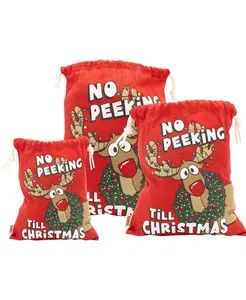 LazyOne | No Peeking Reusable Gift Bag 3 Pack - Non-Transparent 100% Cotton Christmas Bags with Reindeer & Light Design - Small Medium Large Sizes - Machine Washable