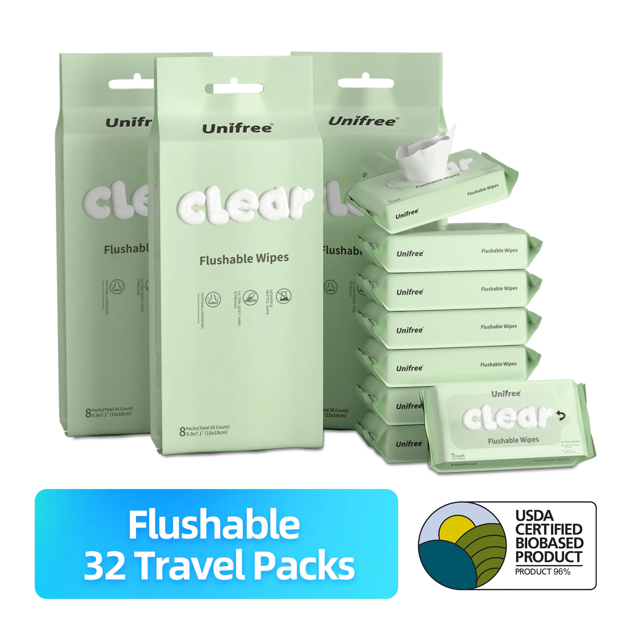 [S] Unifree Flushable Wet Butt Wipes Set - Septic & Sewer Safe, Sensitive Care, Soft Single-Use Tissues, Portable Mini Packs for Travel & Home Bathroom, Home Care Essentials, Toilet Paper Alternative, home essentials, gift ideas, cozy home