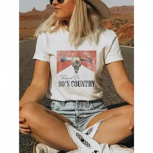 Women's 100% Cotton Vintage 90's Country Graphic Tees - "Born to Roam" Bull Skull & Desert Print, Loose Relaxed Crew Neck Short-Sleeve, Breathable Casual Streetwear Tops for Spring Summer, T Shirts, Clothes for Women
