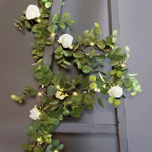 Artificial Eucalyptus Garland with String Lights & Ivory Roses – 6ft Battery-Operated Lighted Greenery Vine