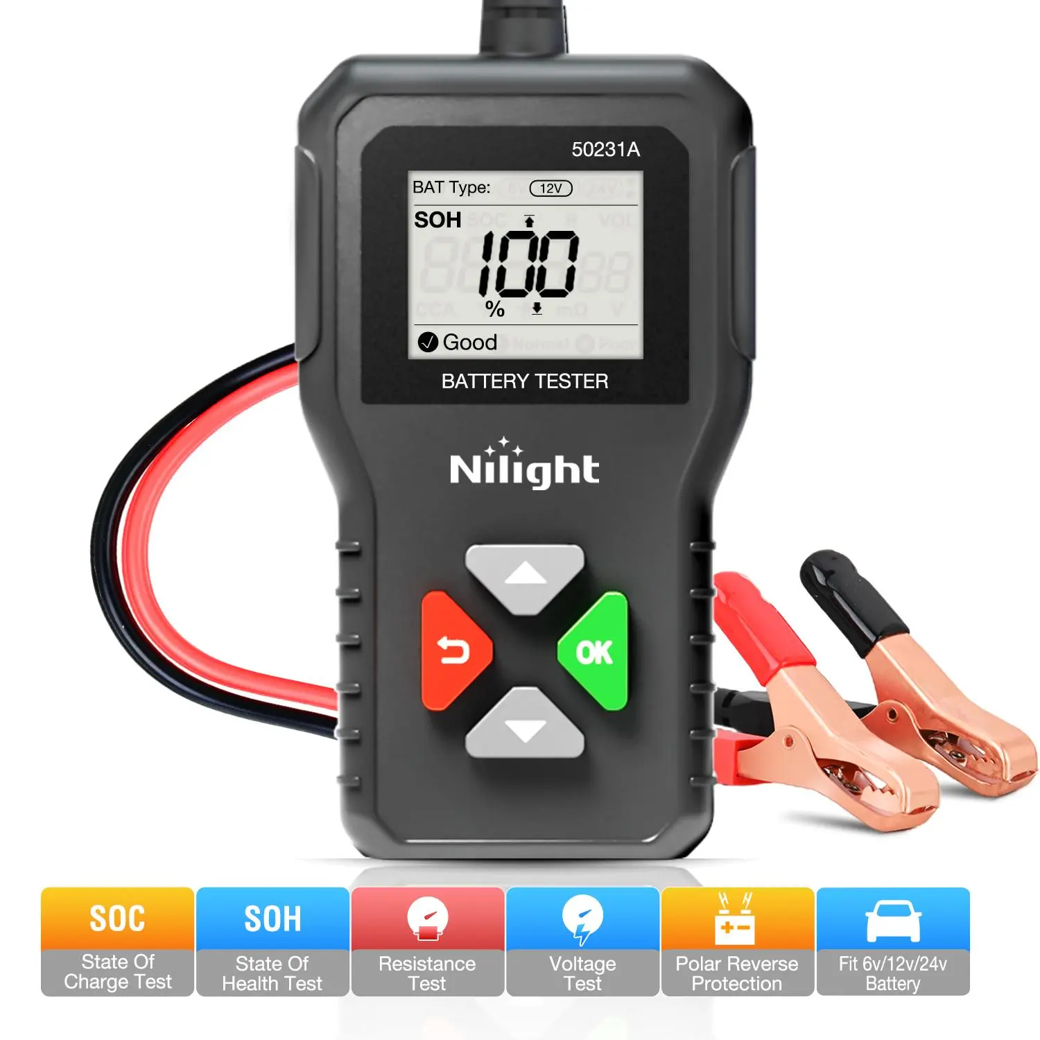 Nilight 6V-24V Digital Automotive Car Battery Tester - 100-2000 CCA Accurate Analyzer with 1.8-Inch HD Screen, Voltage, SOH, SOC, Internal Resistance Tests, Reverse-Safe Repair Tool for Cars/Trucks, Boats, Operating at -20°C~65°C, Batteries, 6V/12V/24V