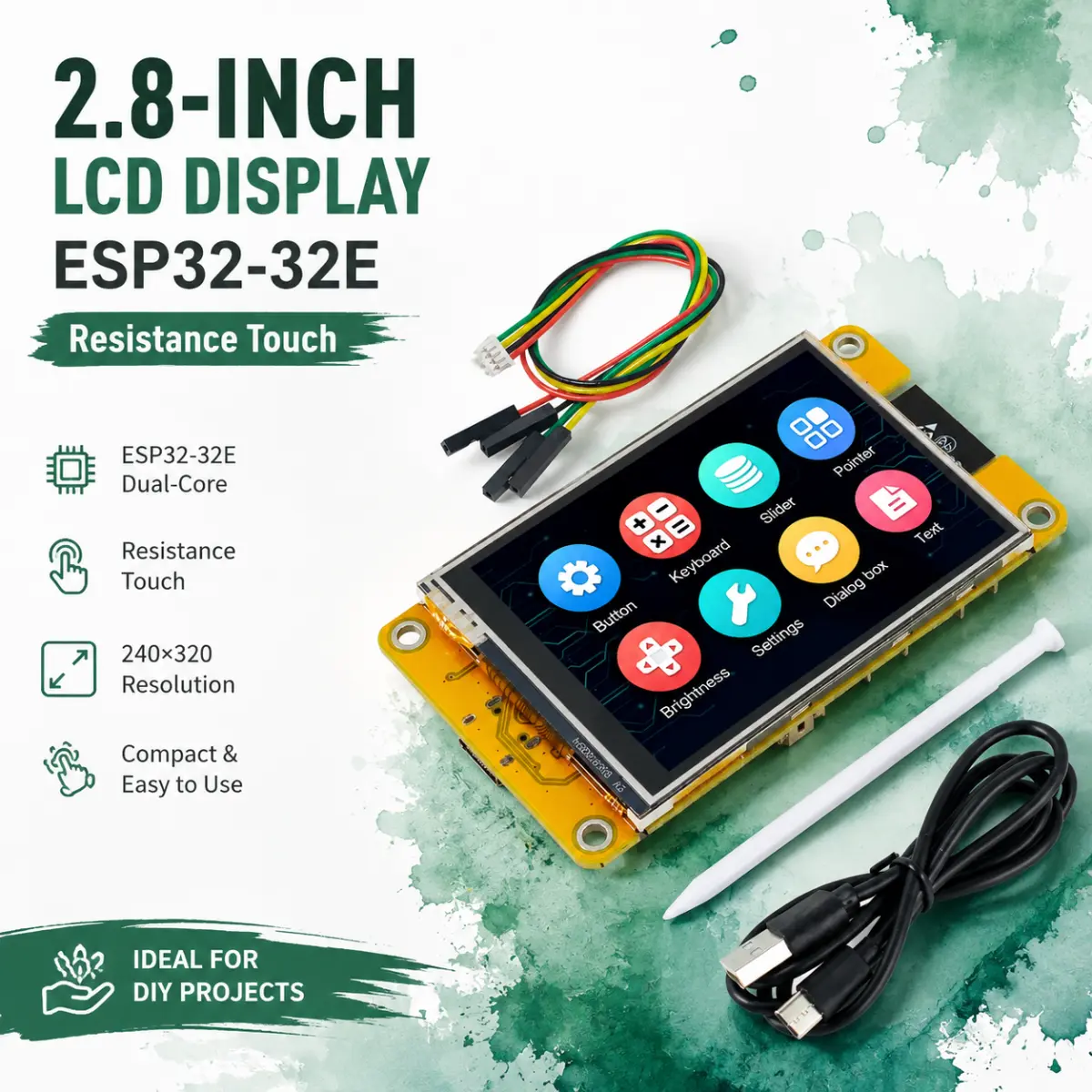 2.8 Inch Compact ESP32 Resistive Touchscreen Development Board - ILI9341 TFT LCD Screen (240x320), WiFi, Bluetooth, Speaker, SD Card Slot for GUI Support LVGL Projects (Smart Home Temperature Control)