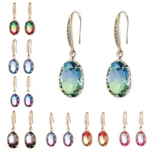 Trendy Gradient Green Crystal Hook Earrings, Gold Plated Oval Gemstone Dangle Earrings, Luxury Party Jewelry for Women