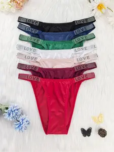 Women's Sexy Letter Print Thong Panties, Soft Breathable Satin Lingerie, Elegant Design, Comfortable Fit, Fashionable Underwear Set