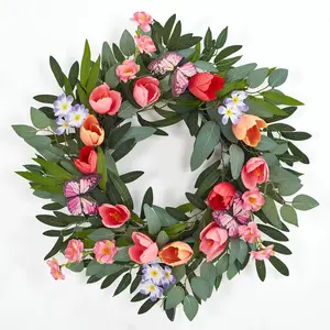 Gaomon 20-in Flower Wreath for Front Door, Lightweight Tulip Wreath with Colorful Blooms, Eucalyptus Leaves and Butterfly Ornaments, Farmhouse Porch Wall Decoration for Indoor Outdoor Use